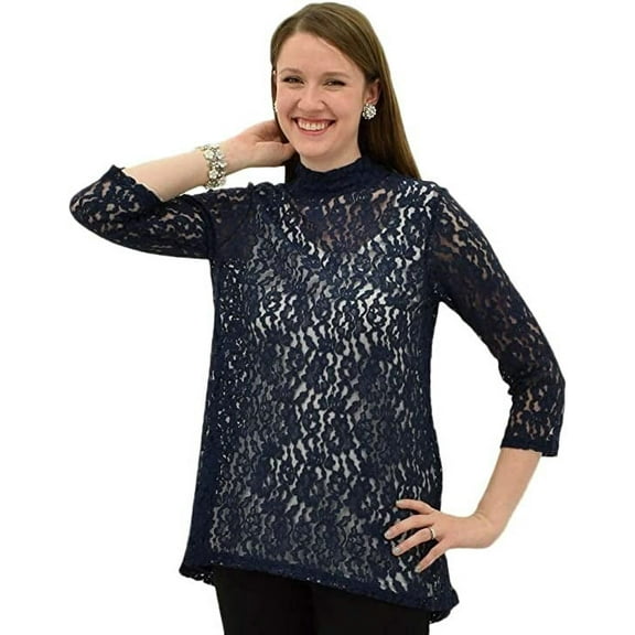 Cupio Three-Quarter Sleeves Lace Top, Jazzy Blue - Large