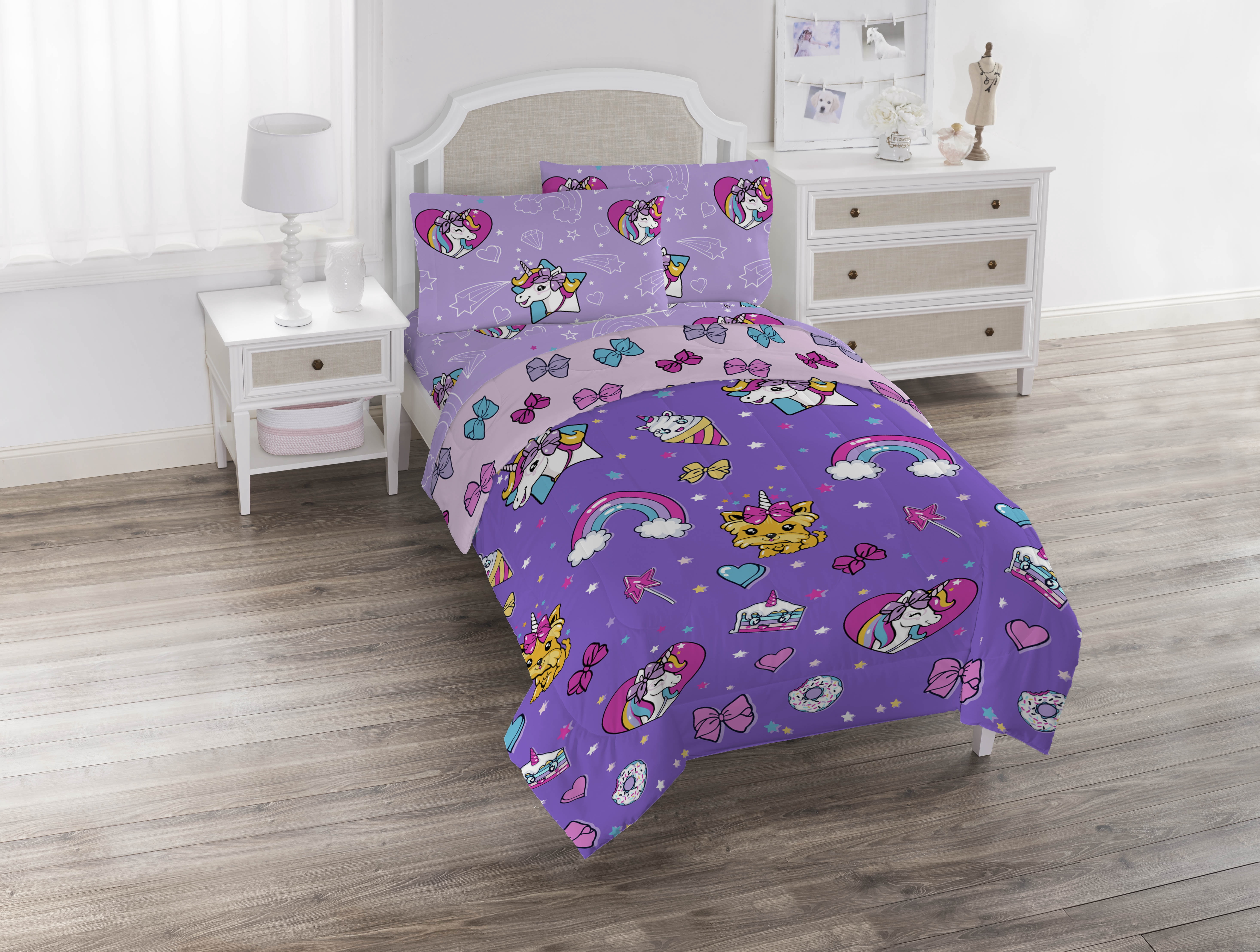 JoJo Siwa Rainbow Unicorn Bow Purple 5 Piece Full Bed Set W/Tote Bag, 100% Microfiber