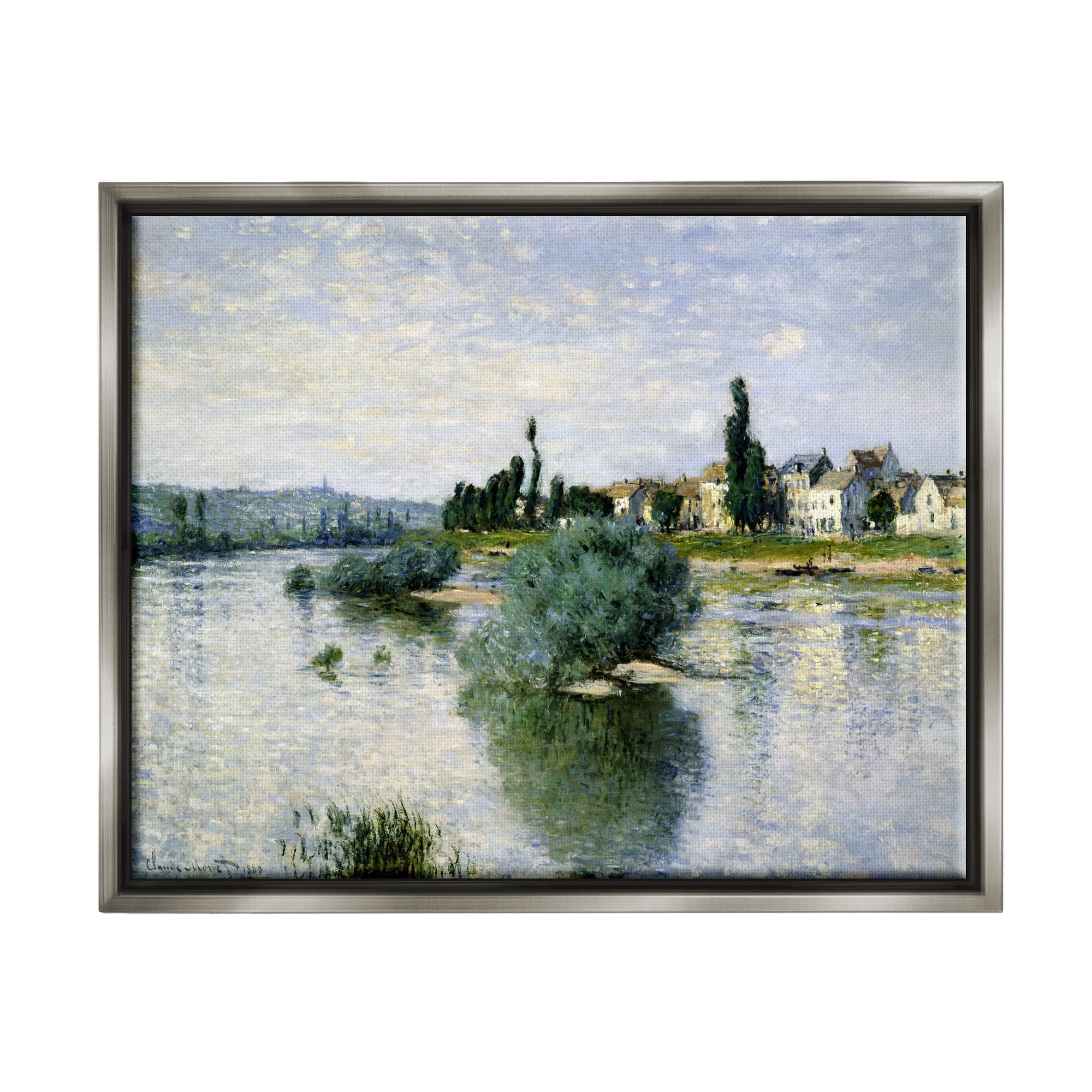Stupell Industries Countryside Homes Lake Landscape Monet Classic Painting Luster Gray Framed Floating Canvas Wall Art, 24x30, by Claude Monet
