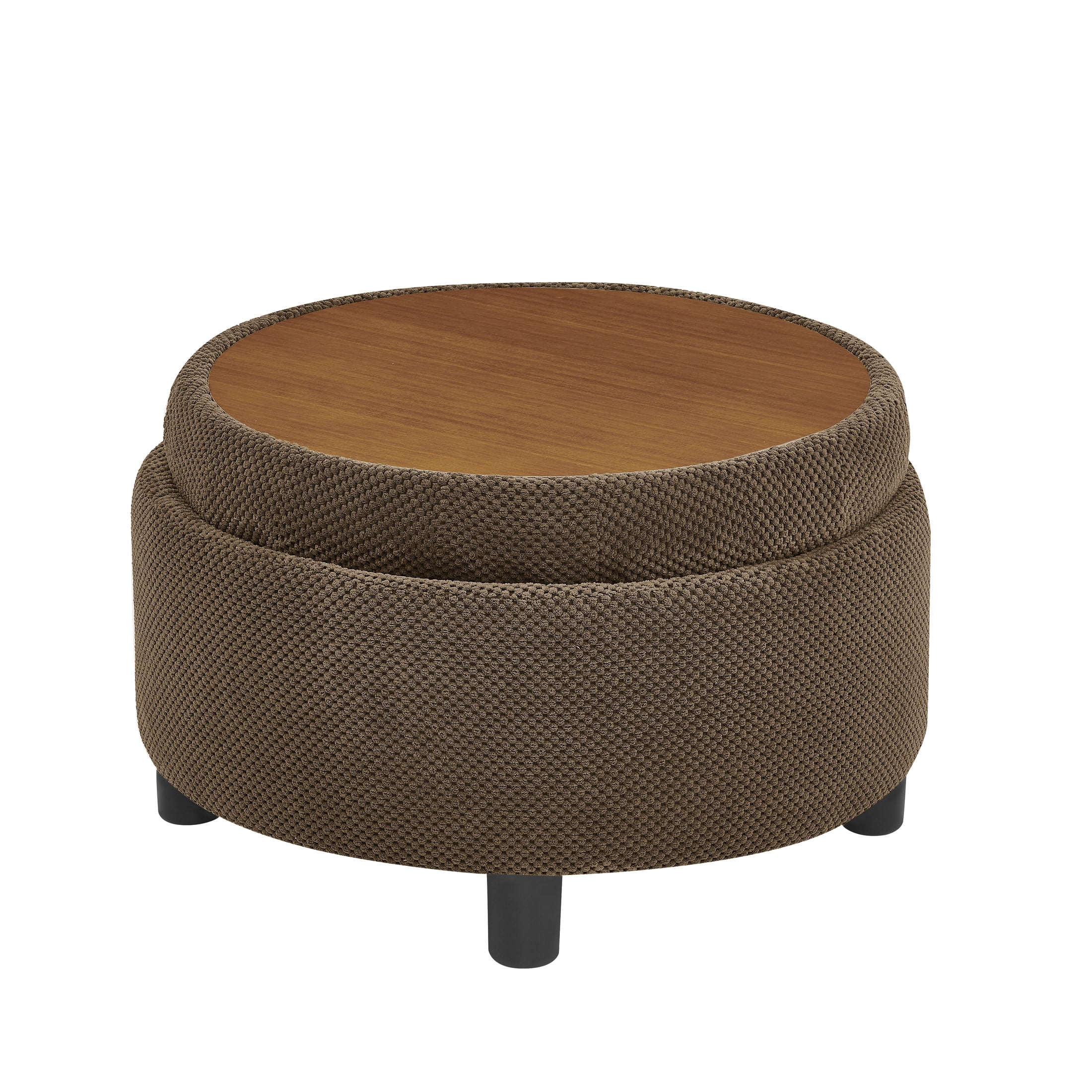 Noble House 25" Round Storage Ottoman with Removable Tray Top, Upholstered Coffee Table, Coffee Finish