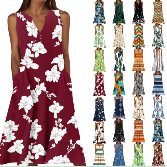 Juesizh Midi Dresses for Women Plus Size Sleeveless Summer Dress Fashion Casual V Neck Print Pockets Tank Dress, S-5XL