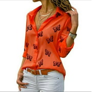 Women's Fashion Multi-Color Butterfly Print Loose Lapel Long-Sleeve Blouse