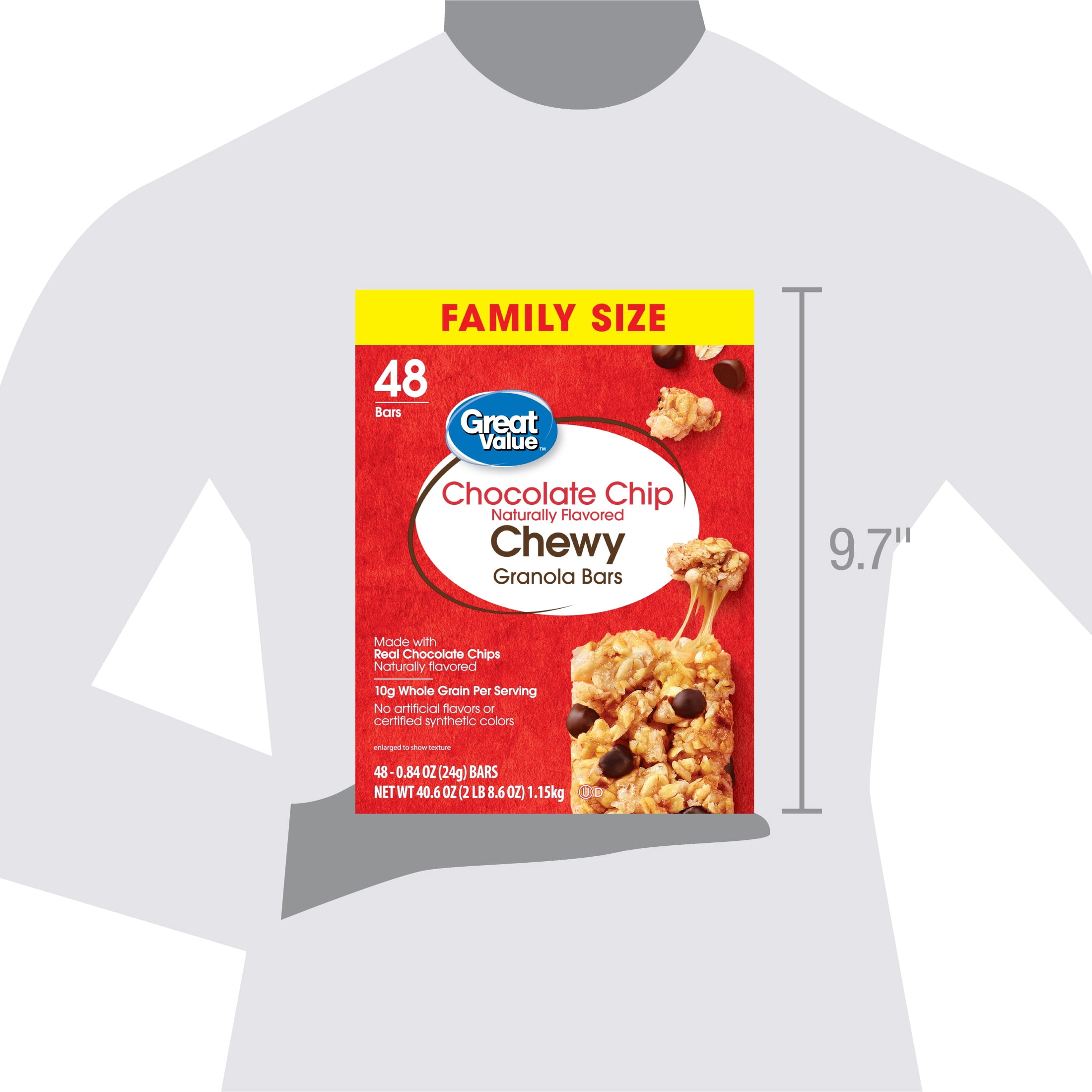Great Value Barras de Granola Masticables con Chispas de Chocolate Tamaño Familiar, 0.84 oz, 48 Unidades