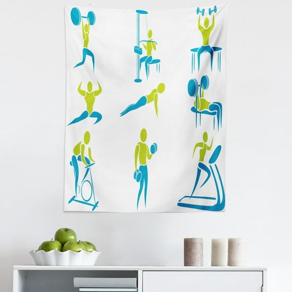 Fitness Tapestry, Showing Different Gym Activities Weightlifting Equipment, Fabric Wall Hanging Decor for Bedroom Living Room Dorm, 5 Sizes, Apple Green Sky Blue, by Ambesonne