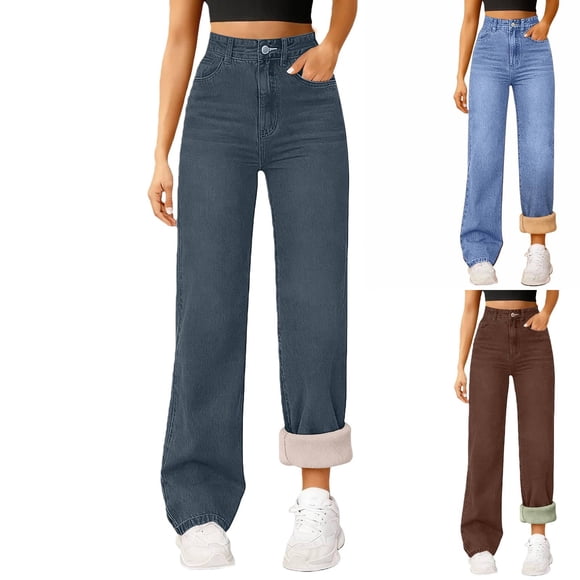 Women's High Waisted Fleece Lined Skinny Jeans Winter Warm Thermal Denim Comfortable Stretch Fit Casual Trousers