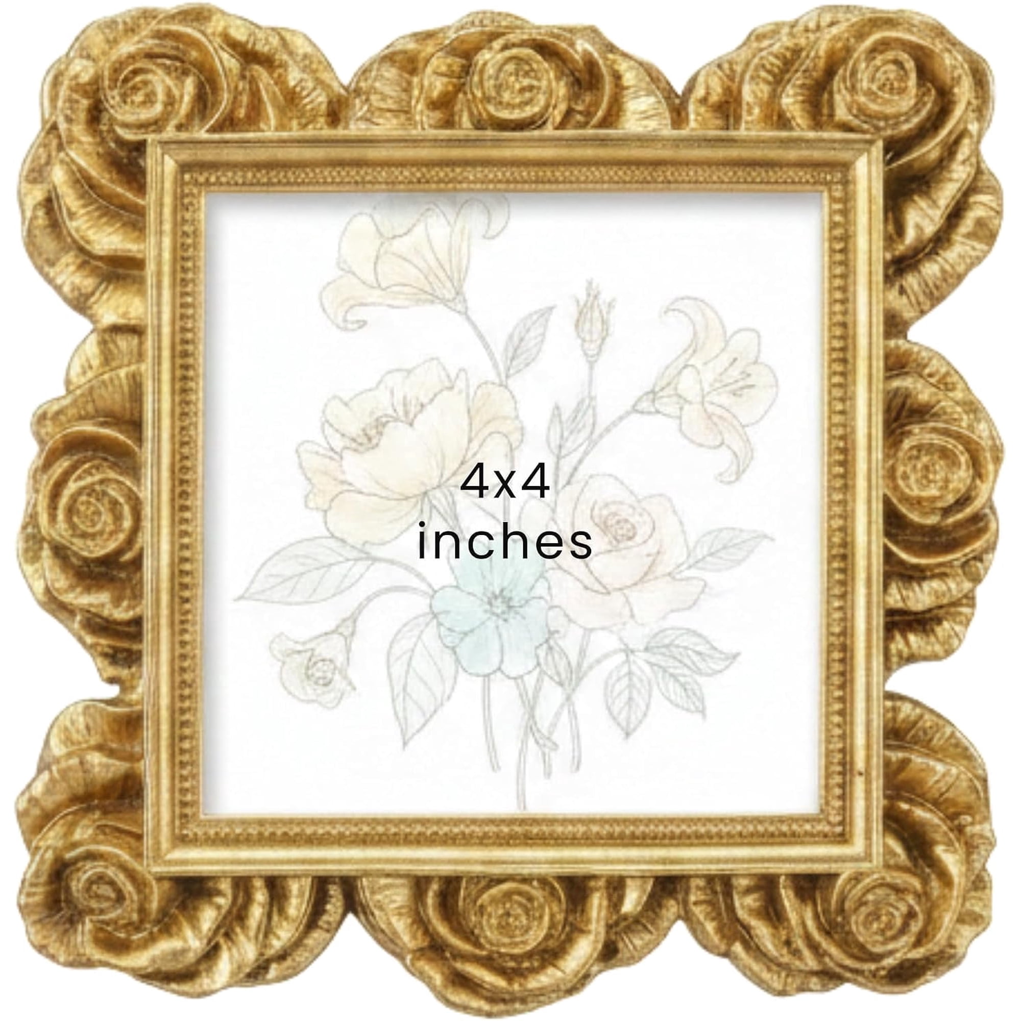 Concepts 4x4 Gold Picture Frames Rose Floral Resin Decorative Photo Frame for Home Decor and Family Pictures