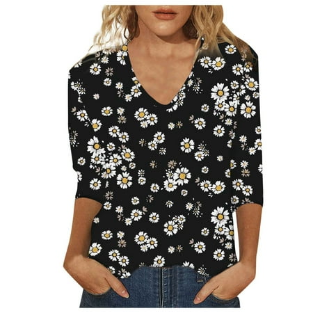 Fsqjgq Womens Summer Tops White Corset Top T-Shirt Tunic 3/4 Sleeve Shirts Fashion Simple Floral Print Tshirts V Neck Loose Casual Blouses Henley Blouses Dressy Tunic Tops Plus Size T Shirts L