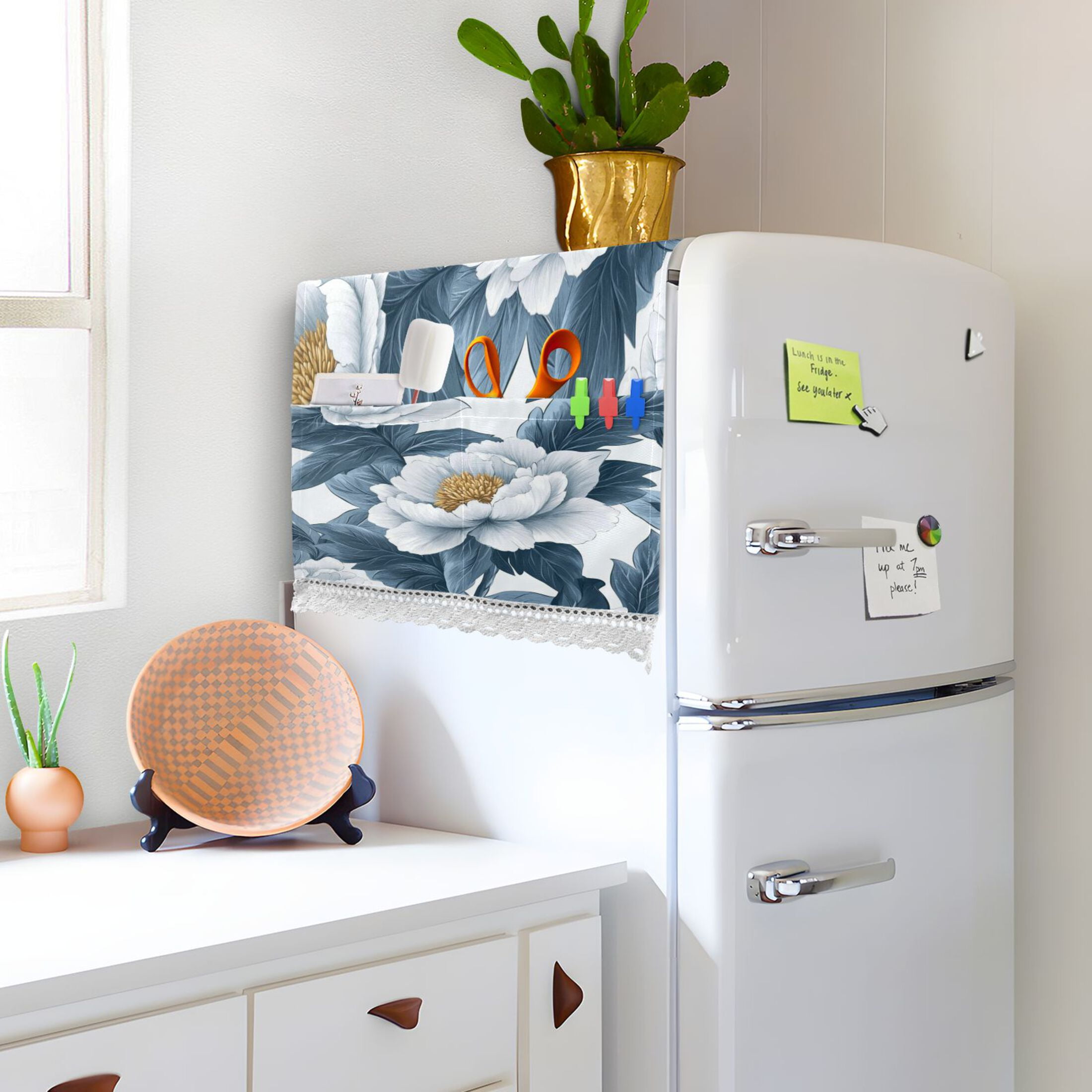 White PeonyWasher and Dryer Covers Dust-Proof and Oil Resistant Fridge Cover with 4 Storage Pockets Washing Machine Top Cover for Laundry Kitchen Home 51.2 x 22 In