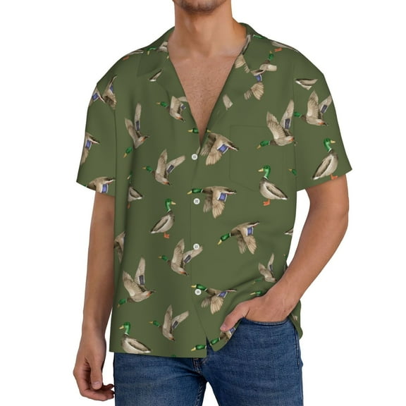 Logiee Birds Wild Ducks Print Men's Button Down Shirts Short Sleeve, Summer Beach Shirts,Vacation Wedding Shirts,Men's Casual Button-Down Shirts with Pocket-Small