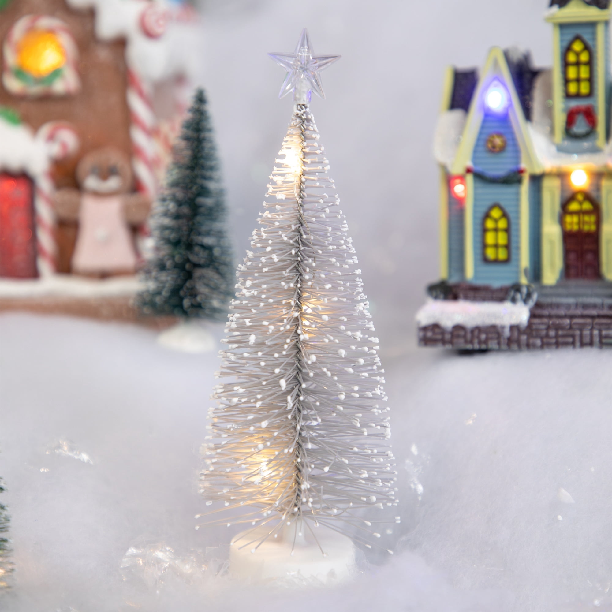 Set of 2 LED Pre-Lit Mini Bottle Brush Pine Christmas Village Trees - 7" Silver