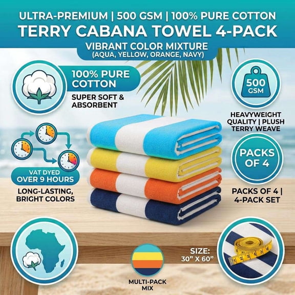 byLora Cabana Stripe Beach Towels, Oversized 30x60 Cotton, Multicolor, 4 Pack