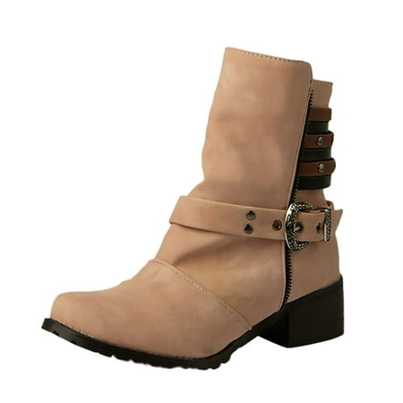 

ZHAGHMIN Tactical Womens Boots Women S Round Head Solid Color Pu Square Heel Vintage Buckle Boots Women Boots Slip On Boots Women Flat Heel Round Size 8 Wide Width Boots For Women Low Heel Women S B