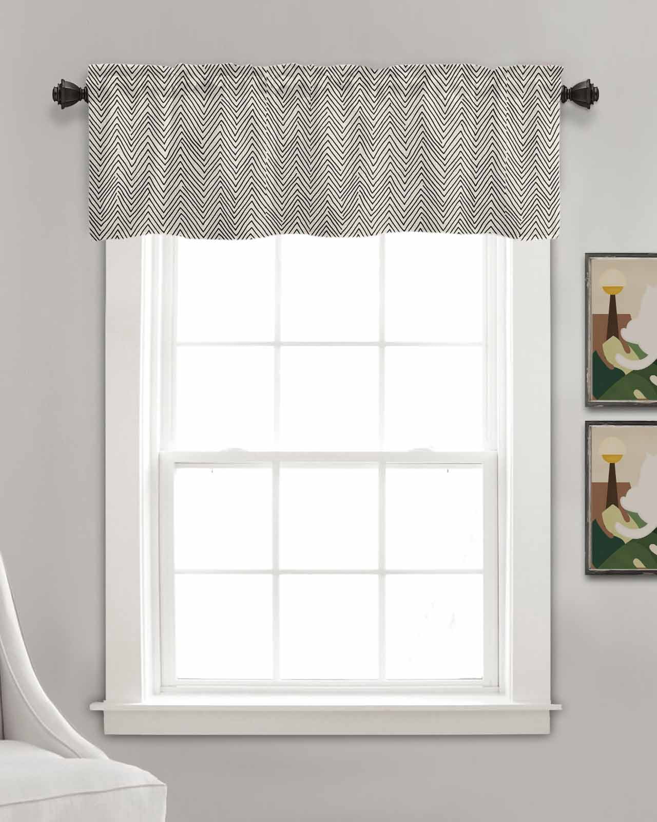 Beige Black Stripe Kitchen Valances for Windows Farmhouse Linen Window Valance Curtain for Living Room Window Treatment Modern Abstract Art Moire Striped Valance Rod Pocket Topper Drape, 42 x 12 Inch