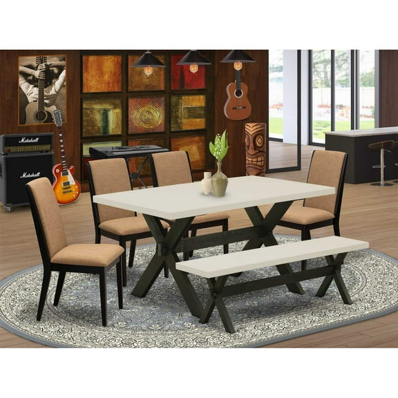 East West Furniture X626LA147-6 6-Piece Awesome Modern Dining Table Set a Good Linen White Color Dining Table Top and Linen White Color Kitchen Bench and 4 Excellent Linen Fabric Parson Chairs...