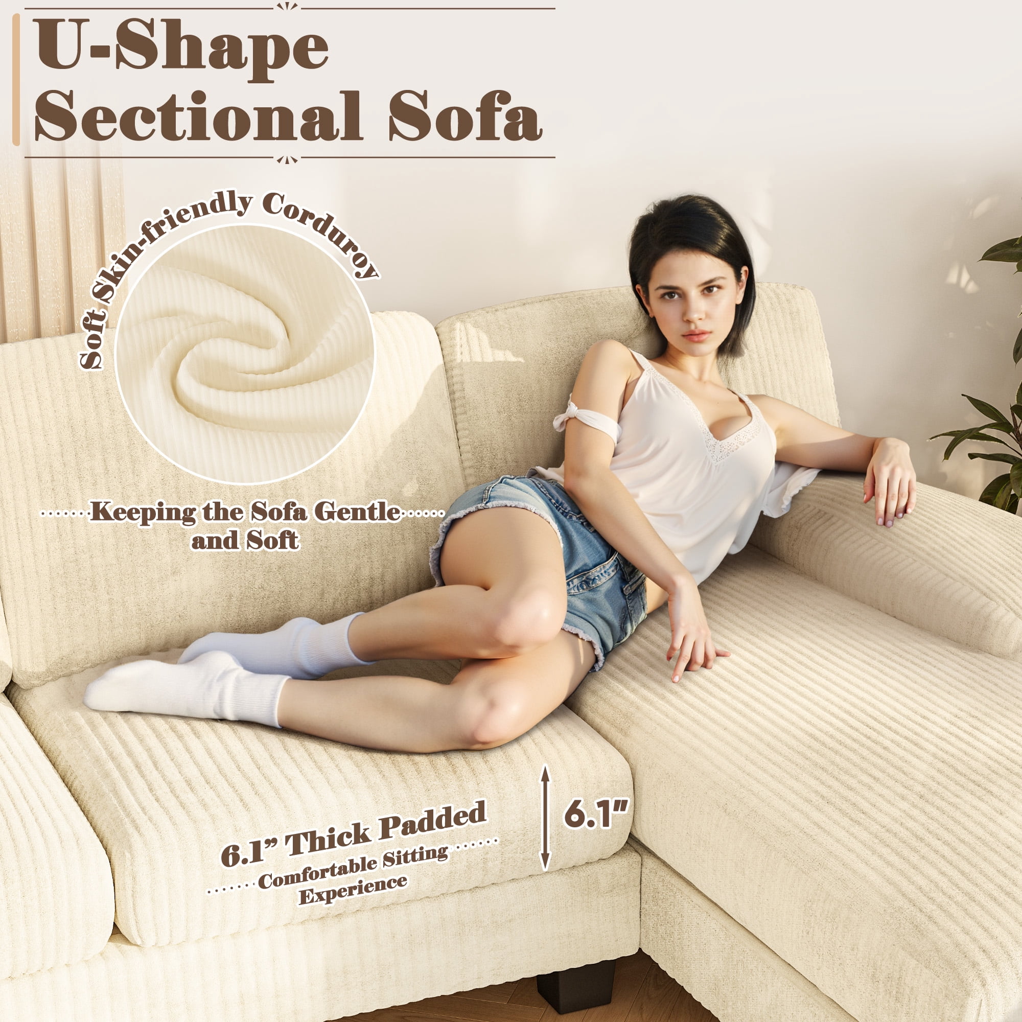 Homall U Shaped Sectional Sofa with Soft Corduroy Sofa Couch with Double Chaise for Apartments,Living Room, Corduroy Beige