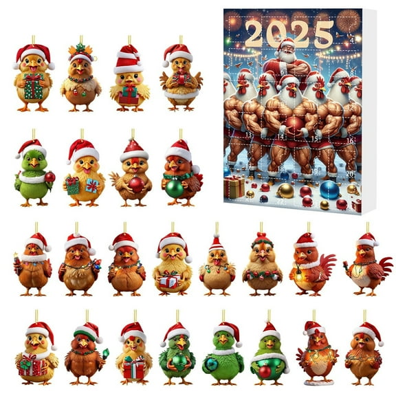 Christmas Advent Calendar 2025, Durable 2D Acrylic Chicken Hanging Advent Calendar 24 Days Of Christmas Funny Chicken Pendant Set Decor