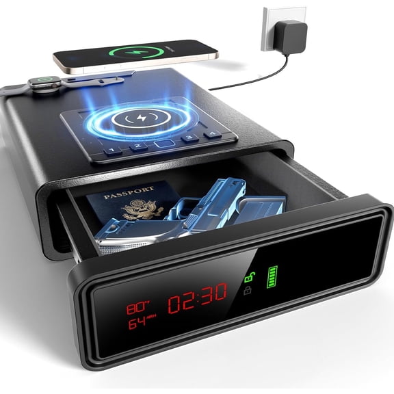 Wireless Charging Nightstand Gun Safe - XDeer Biometric Fingerprint Safe for Handgun, Auto Pop-Up Quick Access Drawer, Digital Clock, LED Light for Bedside