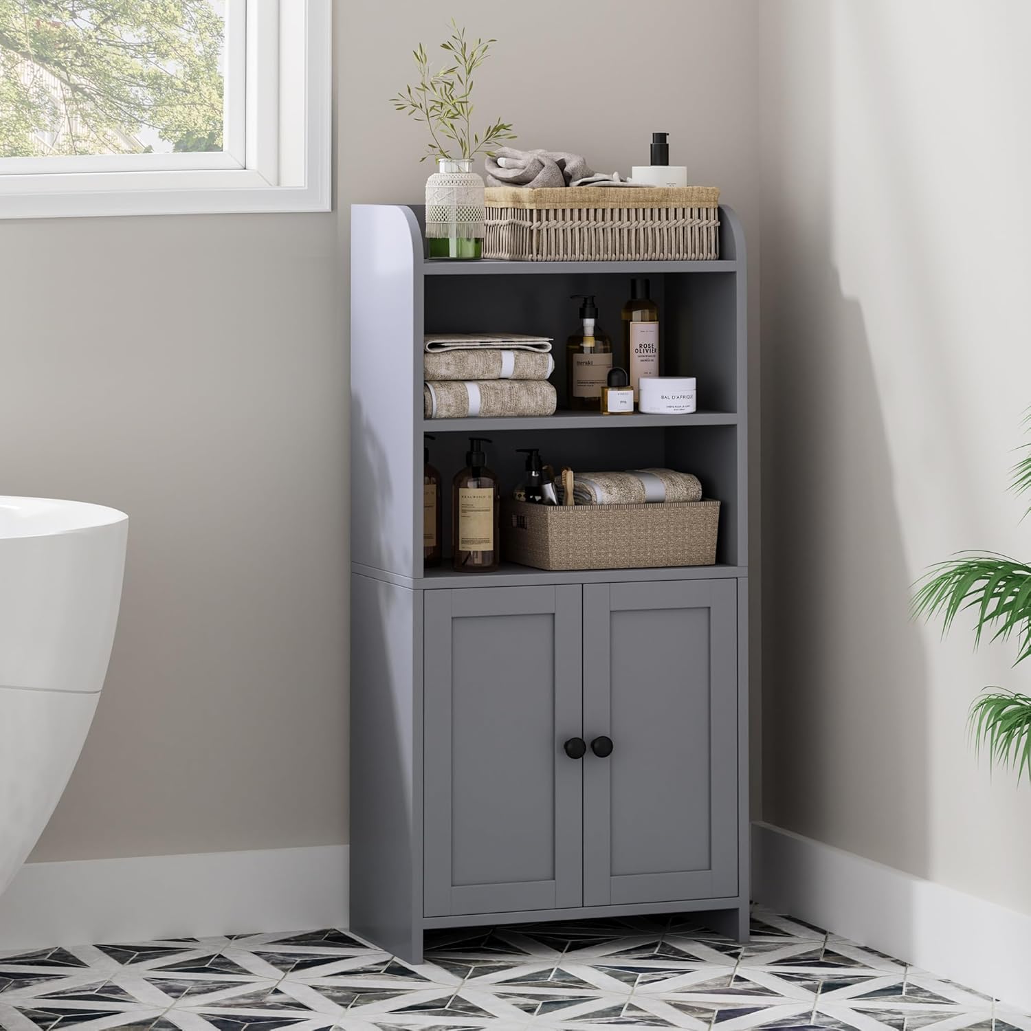 Small Bathroom Storage Cabinet, Freestanding Toilet Paper Storage with 2 Doors and Shelves, Bathroom Organizers and Storage for Small Spaces, laundry room, 7.9" D x 14.6" W x 31" H, Gray