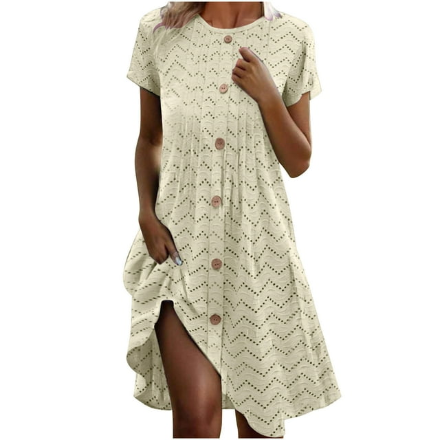 Mgmyaa Robe d'Été Décontractée à Manches Courtes avec Boutons pour Femmes Robe Midi de Plage Voyage Vacances