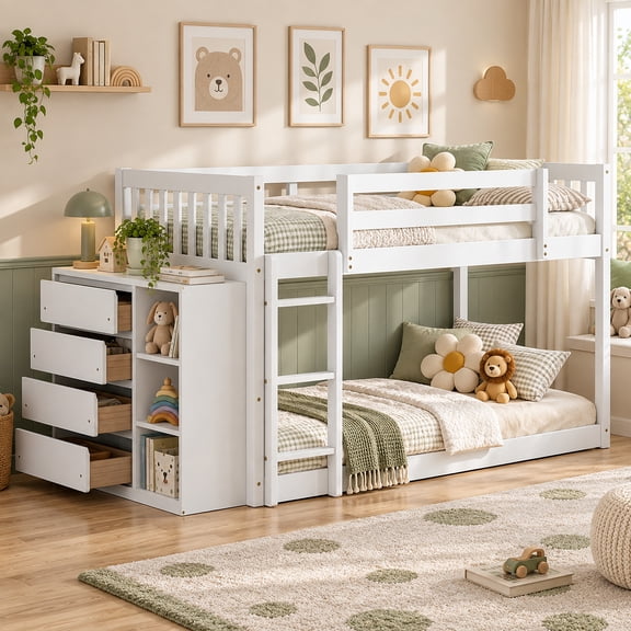 Syngar Twin Over Twin Low Bunk Bed with 4 Drawers & 3 Shelves, Wood Storage Bunk Bed with Reversible Ladder, Guardrails, No Box Spring Needed for Teens, White