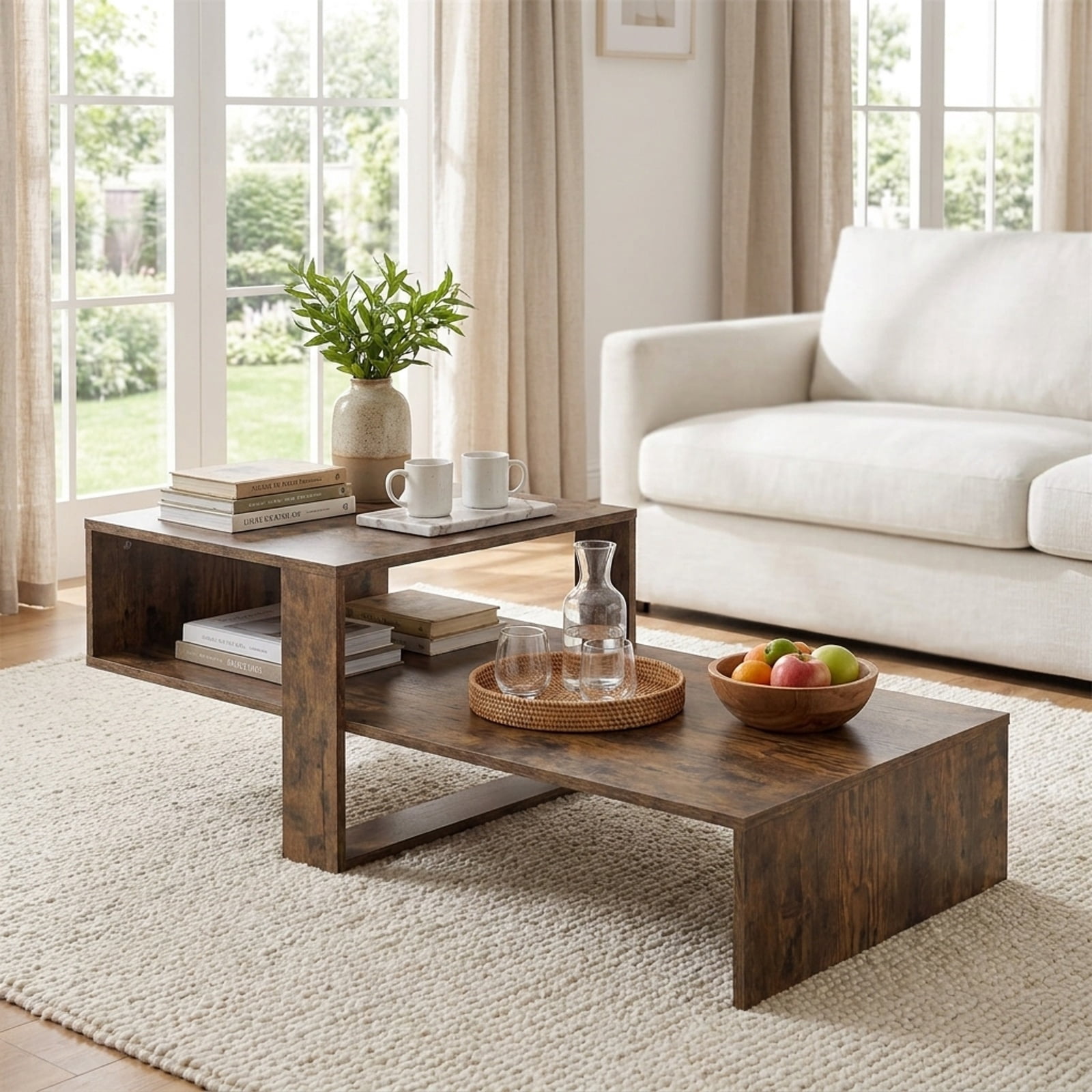 Furnibear 2 Tier Modern Irregular Coffee Table with Open Storage Shelf and Geometric Silhouette for Living Room for Home and Living Space, Brown