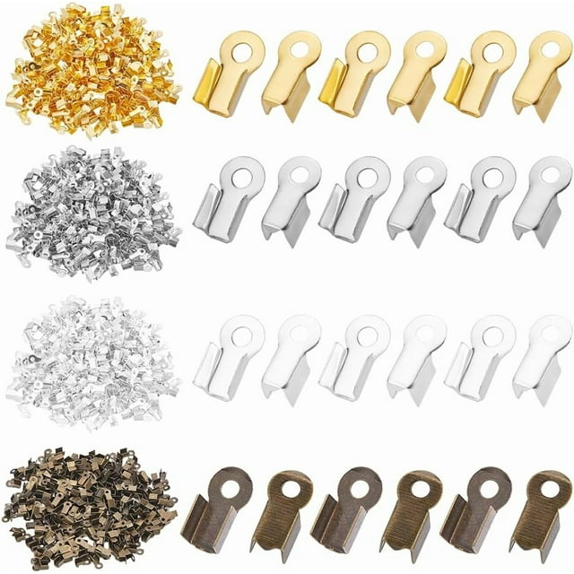 1 Box 1200Pcs Fold Over Cord Ends Crimp End Tips Iron Fold-Over Jewelry Bracelet Crimp End Caps 9x3.5mm Connector Leather Ribbon Clasp Tips for Jewelry Making Bracelet Necklace DIY Crafts