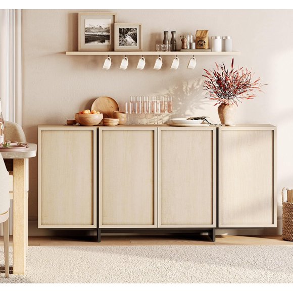 WAMPAT Buffet moderne à 4 portes, pattes en bois en T, grand rangement, idéal cuisine ou salon, chêne clair