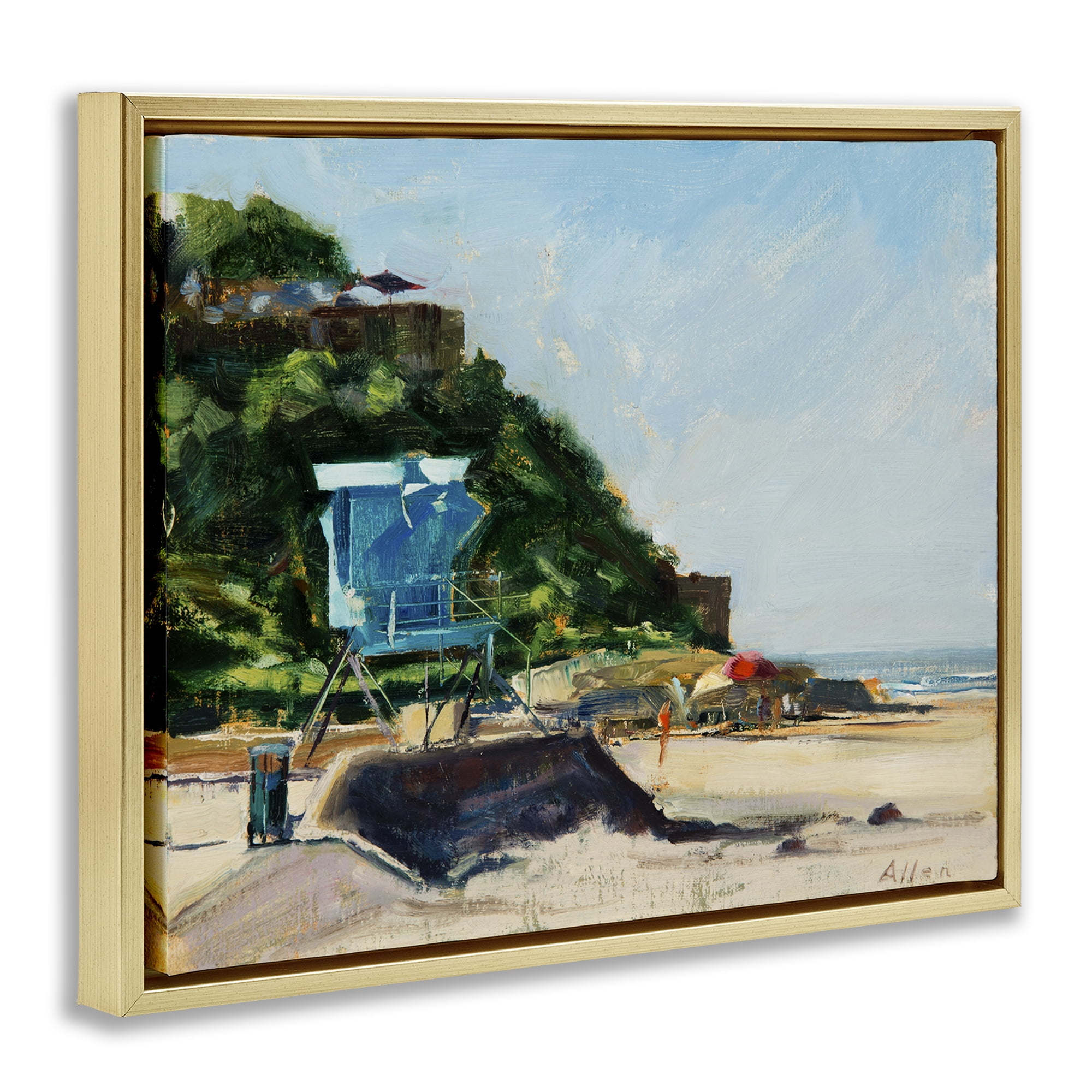 Stupell Industries Beach Guard Tower Landscape & Nature Painting Gold Floater Framed Canvas Art Print Wall Art, 31 x 25