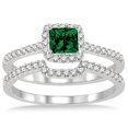 thumbnail image 2 of 2.5 Carat Green Emerald 6mm Princess Cut Halo Art Deco Moissanite Diamond Bridal Set on 10k White Gold, 2 of 2