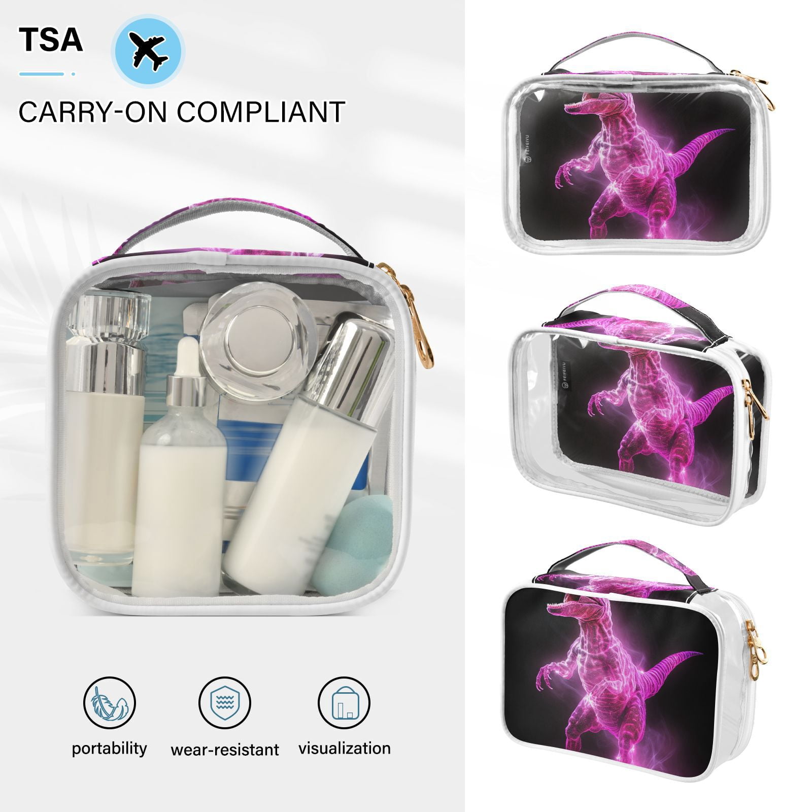 Clear Makeup Bags with Handle Large Opening 2 Pack Set Toiletry Bag Quart Size Bag, for Women Man Traveling Travel Essentials, Toiletries and Other. Glowing Dinosaur