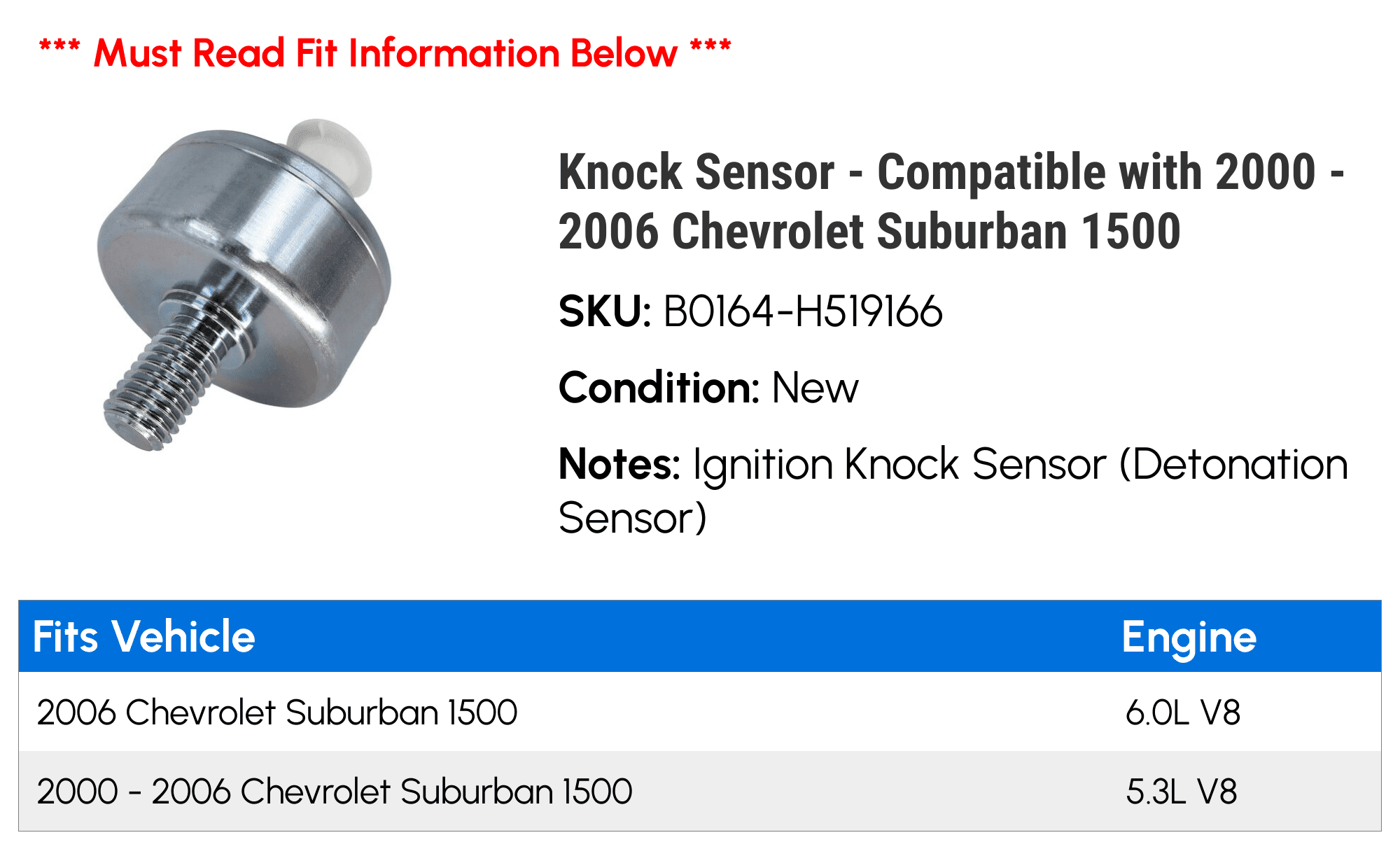 Knock Sensor - Compatible with 2000 - 2006 Chevy Suburban 1500 2001 2002 2003 2004 2005