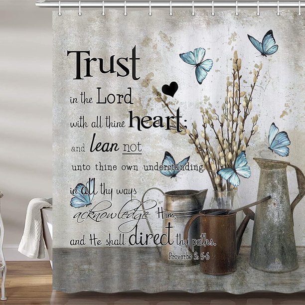 Rustic Farmhouse Blue Butterfly Shower Curtain, Flower Inspirational