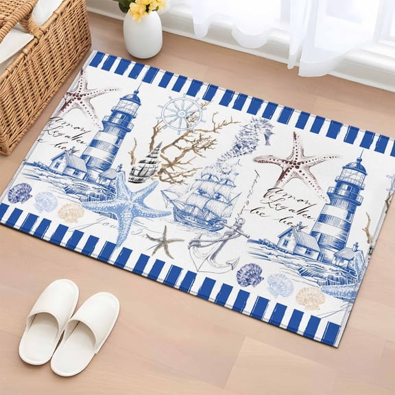 Navy Blue Coastal 2x3 Door Mat Rug, Summer Nautical Lighthouse Starfish Non-Skid Rubber Backing Large Rectangle Rugs - Living Room Bedroom Home Office, Indoor Floor Mat Carpets Washable Rug