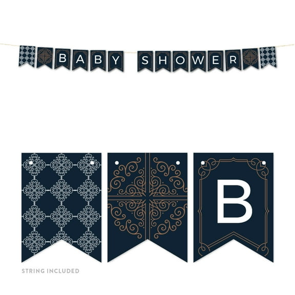 Navy Blue Art Deco Vintage Party Baby Shower,  Baby Shower 5-Feet Hanging Pennant Party Banner with String