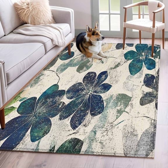 Teal Green Leaves Area Rug 4x6 Washable Rug Non Slip Vintage Shabby Botanical Large Area Rug Indoor Floor Carpet for Entryway Bedroom Kitchen Living Room Home Office Dining Room Nursery