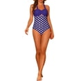 thumbnail image 2 of Traje de baño monokini de lunares con cuello halter para mujer, control de abdomen, corte de cuerda, trajes de baño talla X-Small azul medianoche, 2 of 5