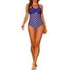 thumbnail image 2 of Monokini de lunares con cuello halter para mujer, traje de baño de una pieza con control de abdomen y corte, color azul medianoche, tamaño mediano, 2 of 5
