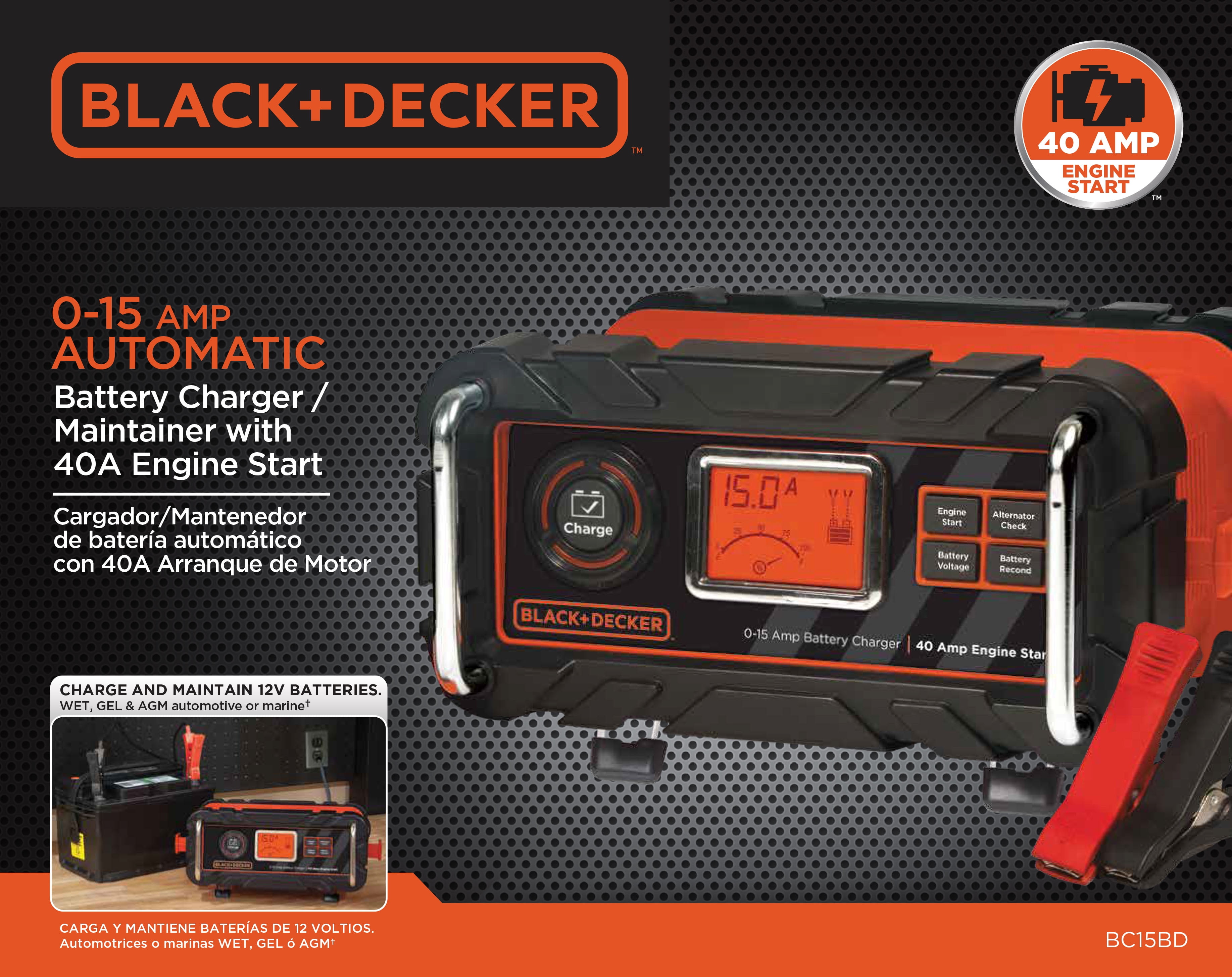 BLACK+DECKER BC15BD Fully Automatic 15 Amp 12V Bench Battery  Charger/Maintainer with 40A Engine Start, Alternator Check, Cable Clamps