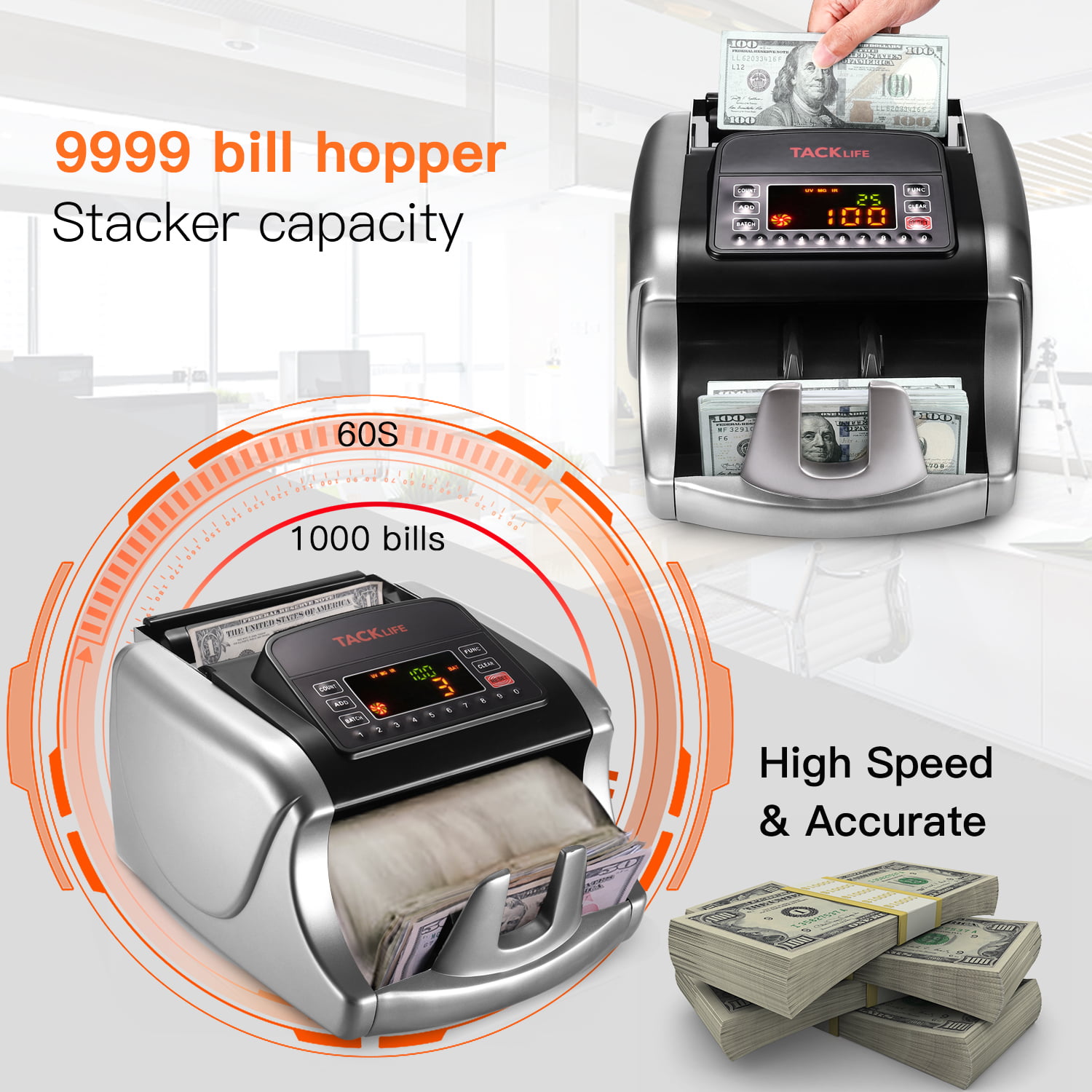 LED Display MMC01 Bill Counting Machine with Counterfeit Bill Detection Bill Counter with UV/MG/IR Detection Batch Modes Silver 