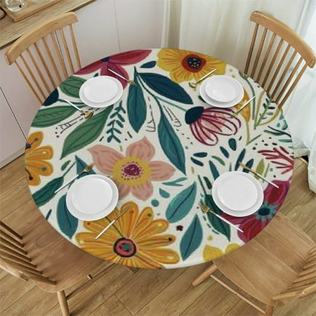 

SHERONV Flower Pattern Leaves Stain-Resistant Round Tablecloth Washable 31 -35