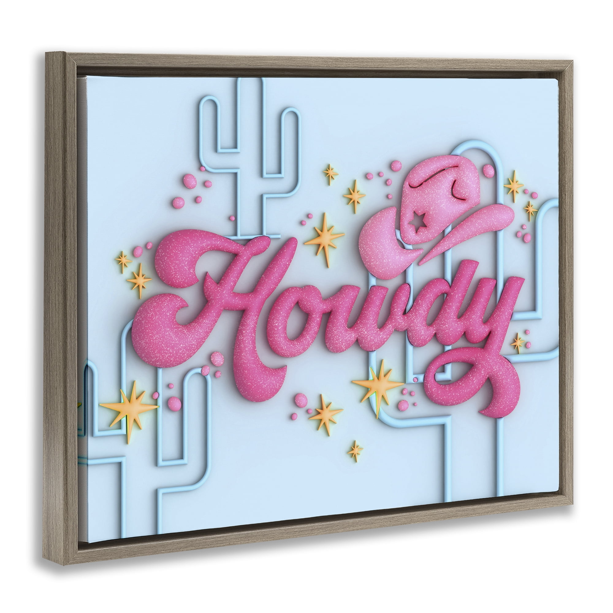 Stupell Industries Retro Howdy & Cactus Entertainment Painting Brown Floater Framed Canvas Art Print Wall Art, 21 x 17