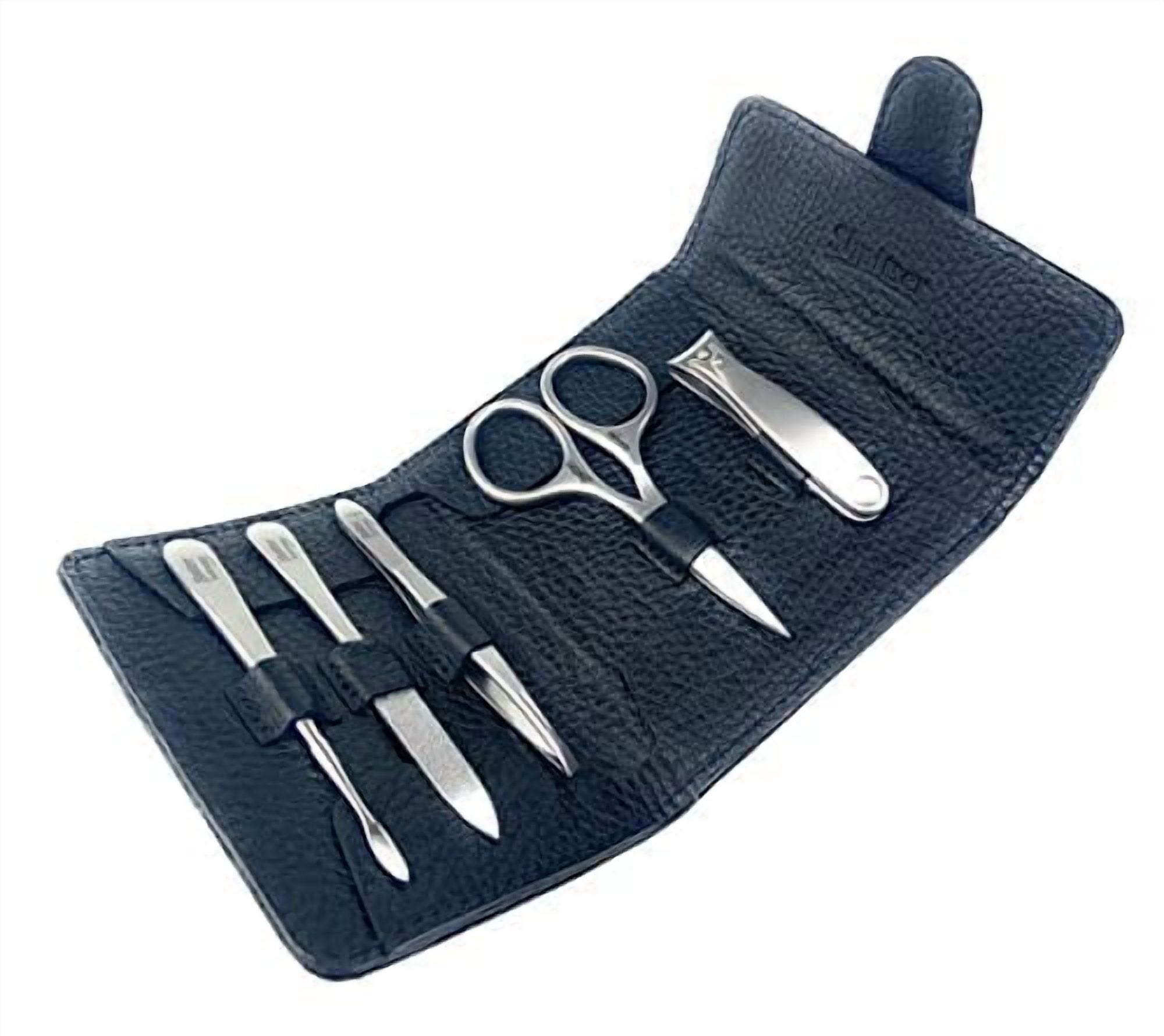 Shpitser Nail Kit, Manicure and Pedicure Women Set of 5 tools: Scissors, Clipper, Tweezers, Nail Cleaner, Nail File, Made of Sturdy Stainless Steel, In Italian Leather Case, Made in Germany (Black)