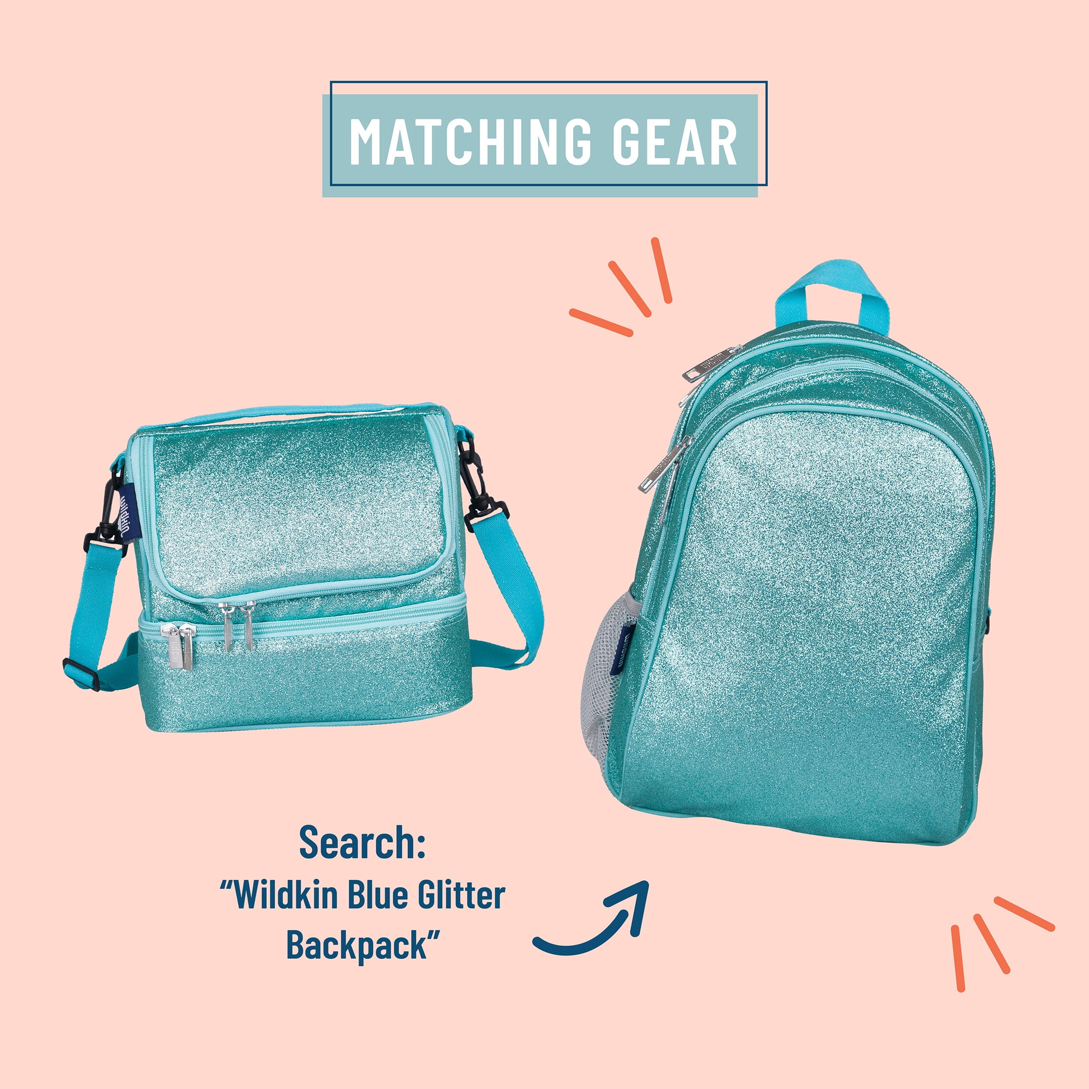 Wildkin Two Compartment Insulated Reusable Kids Lunch Bag for Boys & Girls, BPA Free, Includes Shoulder Strap (Blue Glitter)