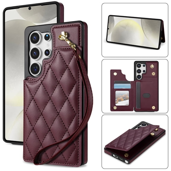 Case for Samsung Galaxy S26 Ultra with Wrist Strap, PU Leather Kickstand Magnetic Closure Card Slots Flip Back Case Elegant Shockproof Cover Girls Women for Samsung Galaxy S26 Ultra, Winered