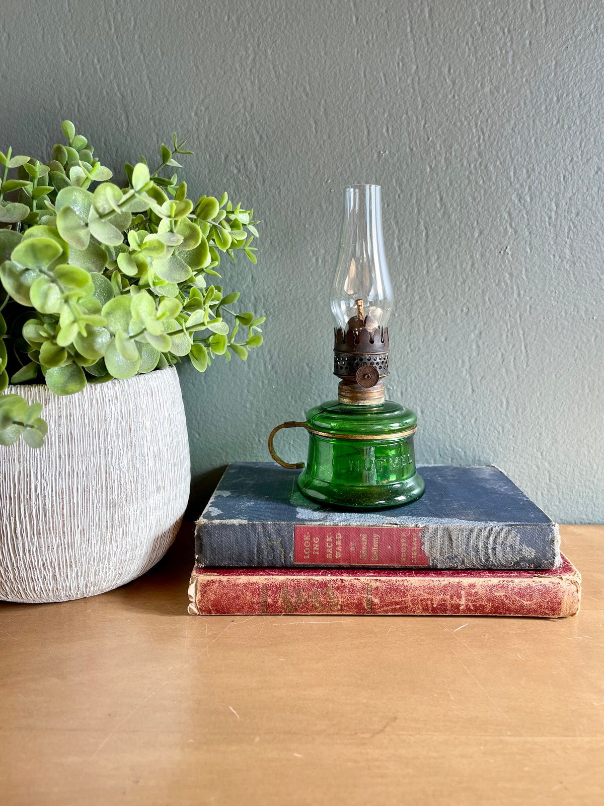 Vintage Miniature Green Glass Oil Lamp