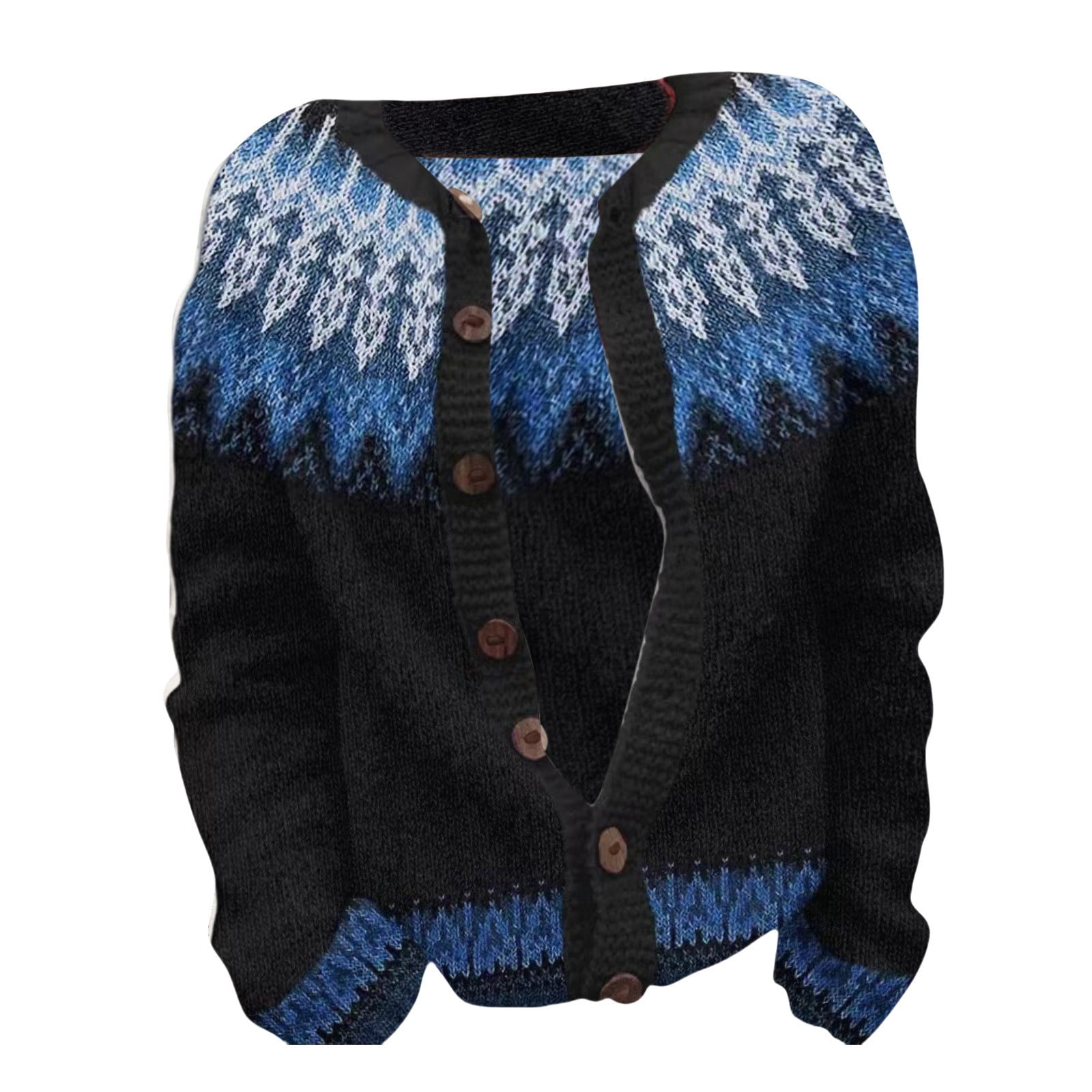 JFGHDG Women Nordic Fair Isle Knit Retro Pattern V Neck Open Front Button Lightweight Cozy Casual Sweater Cardigan Long Sleeve with Pockets Blue L