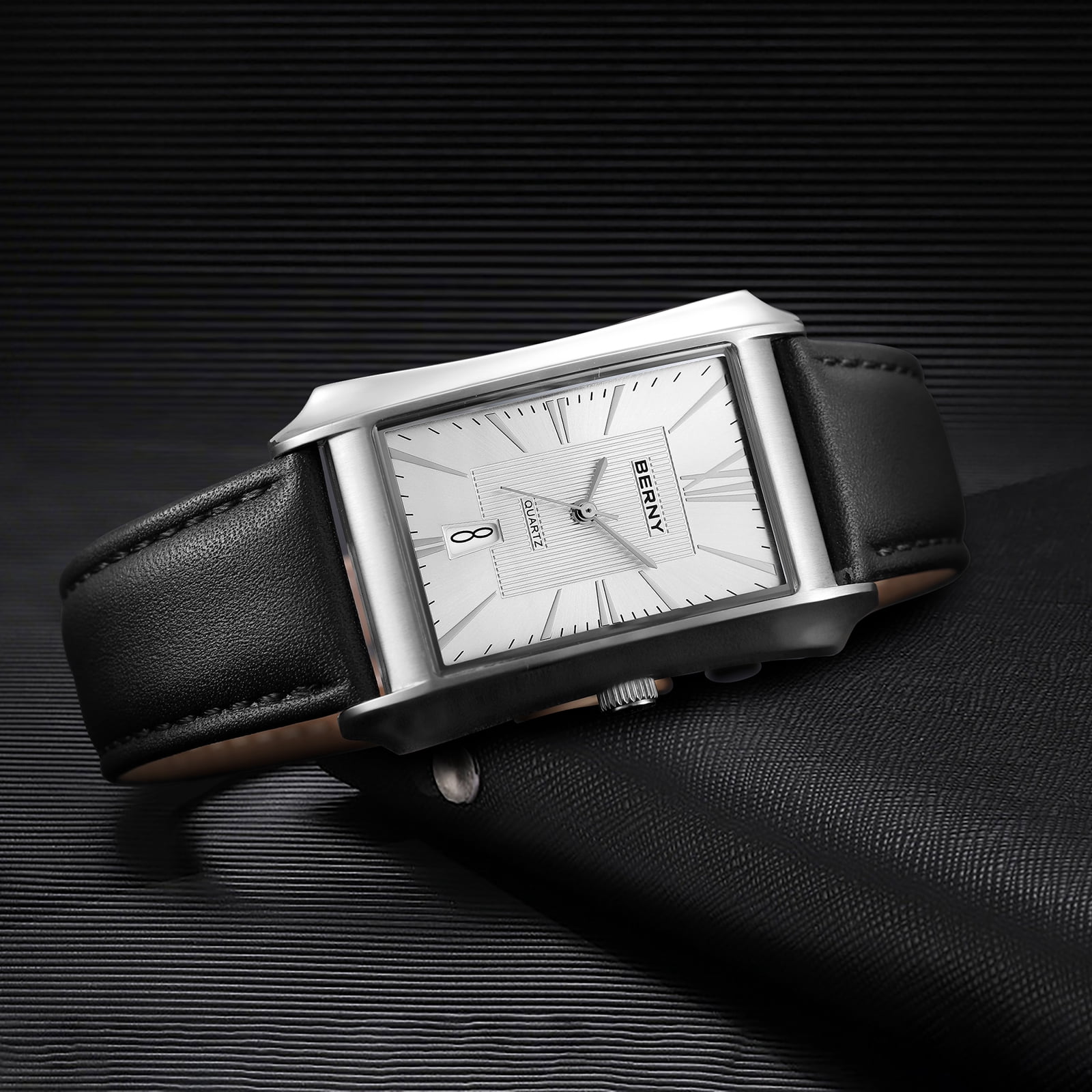 BERNY Men's Leather Watch, Vintage Stainless Steel Rectangular Case Roman Dial Dress Analog Watch with Date Calendar, Waterproof, Classic Business Quartz Wrist Watches for Men (White)