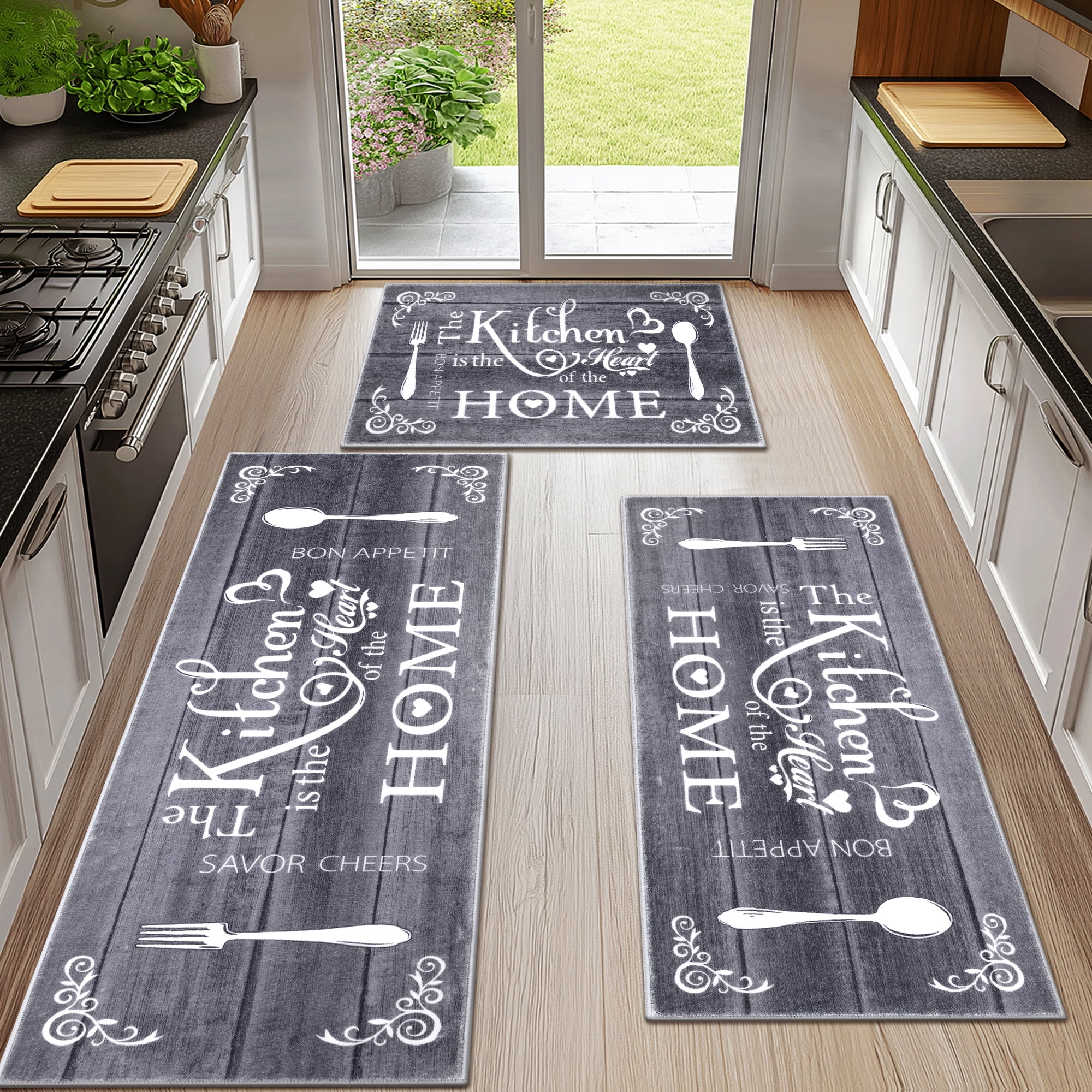 MeyJey Farmhouse Kitchen Rug Set, 3 Piece Non-Slip Kitchen Mat Machine Washable Runner Rug for Home Floor and Living Room, Dark Gray