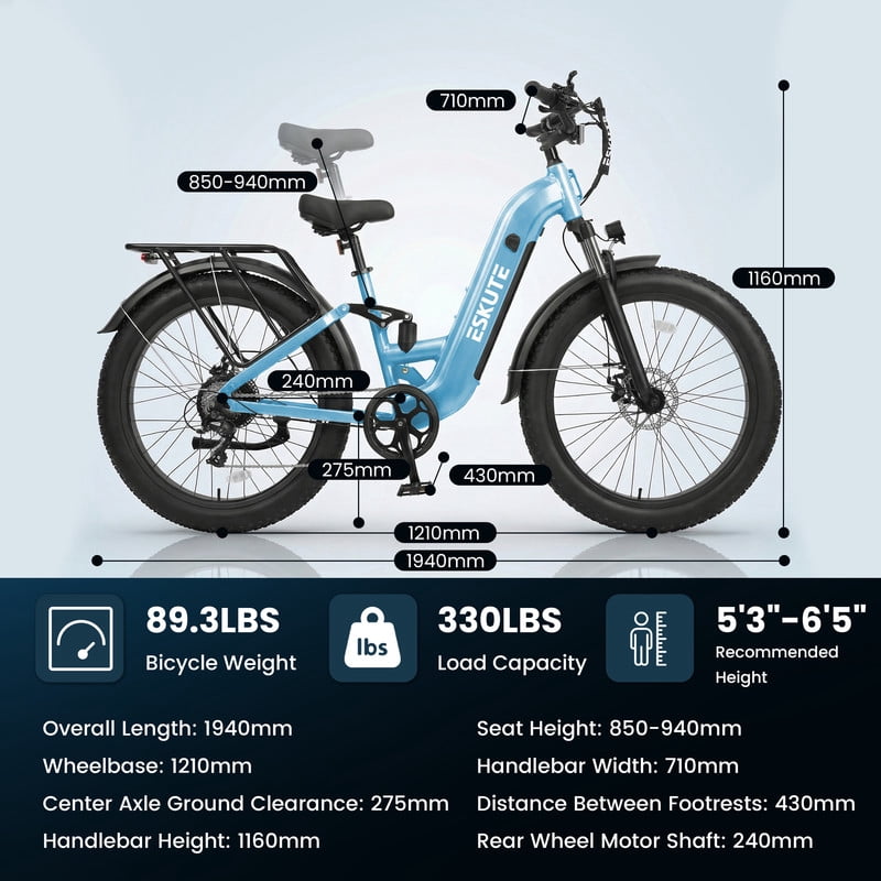 ESKUTE C300 1500W Electric Bike for Adults, 48V 20.8Ah Battery, 32MPH, 80 Miles Range, 26"x4.0" Fat Tire Step-Thru Ebike, Full Suspension Electric Bicycle, 8-Speed Blue, UL2849