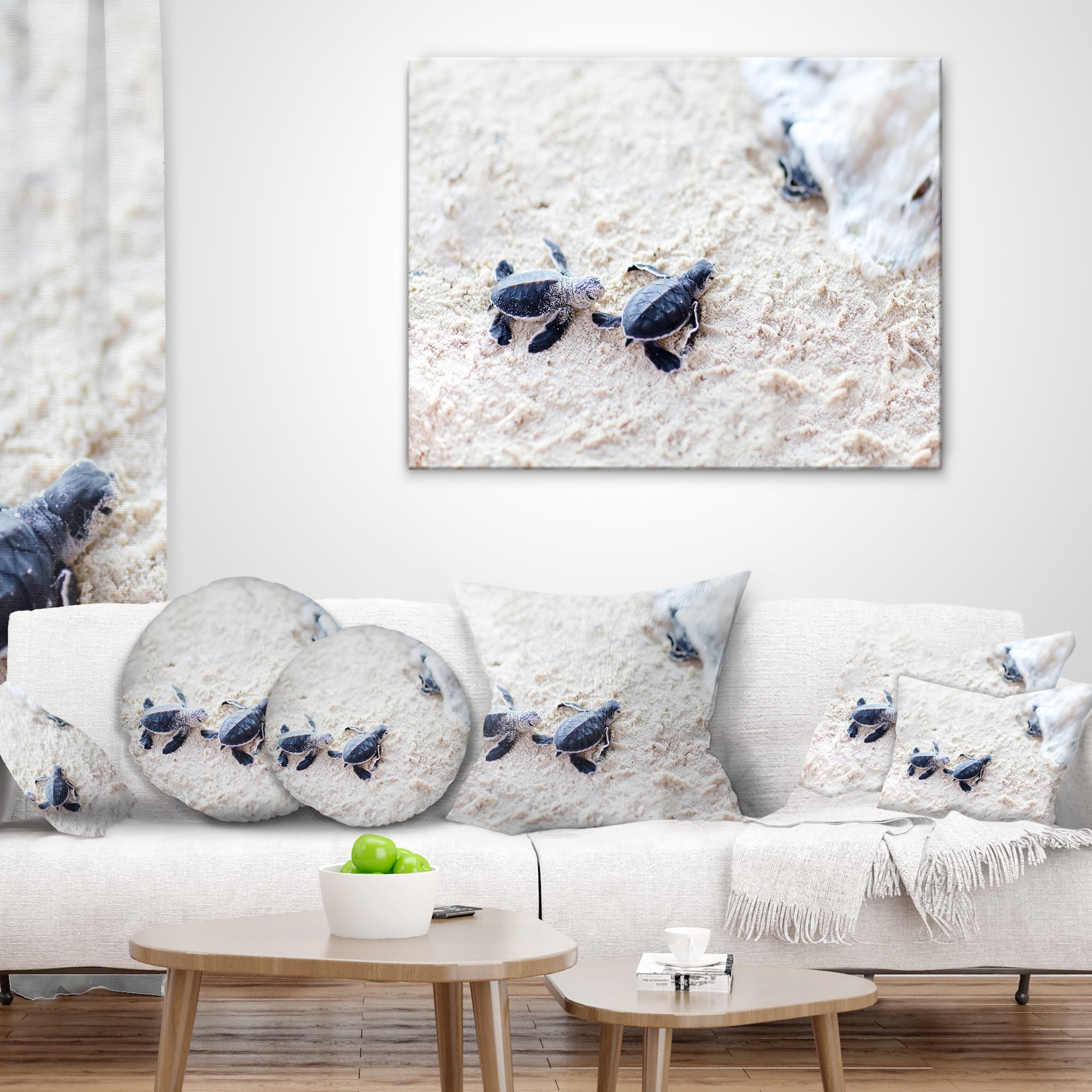 Designart Baby Green Turtles on Sand - Animal Throw Pillow - 18x18